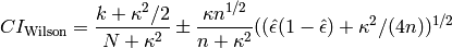 CI_{\rm Wilson} = \frac{k + \kappa^2/2}{N + \kappa^2}
\pm \frac{\kappa n^{1/2}}{n + \kappa^2}
((\hat{\epsilon}(1 - \hat{\epsilon}) + \kappa^2/(4n))^{1/2}